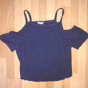 blue shoulder cut out crop top